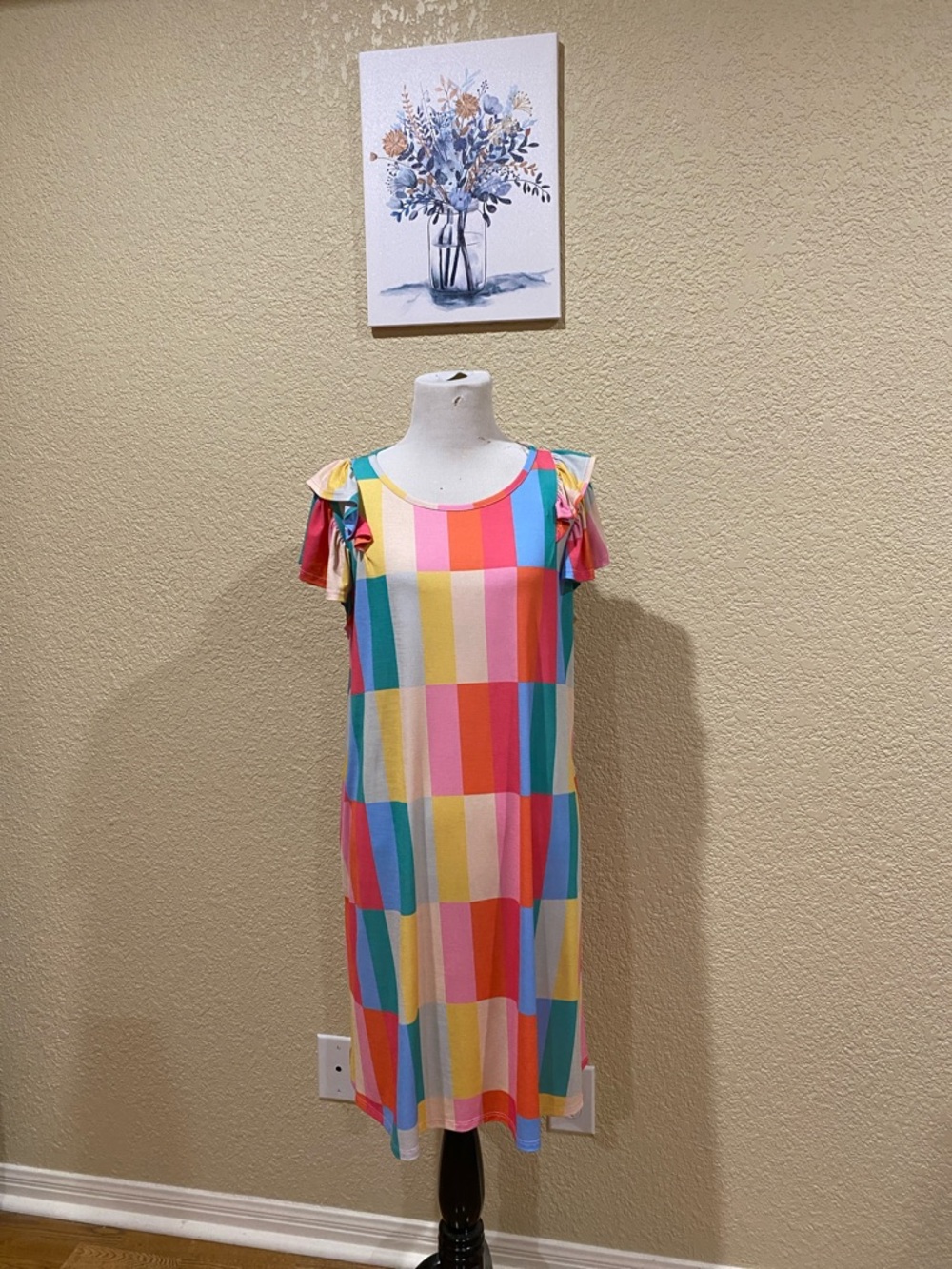 Multicolor Block Midi Dress with Ruffle Sleeves - Brand Unspecified